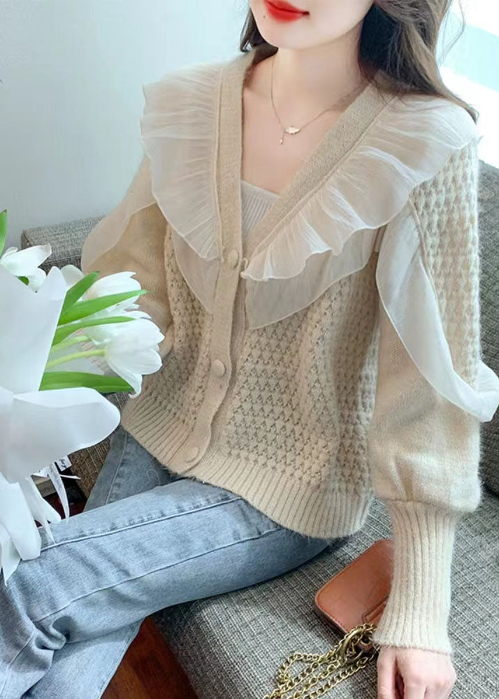 Fitted Beige Ruffled Button Patchwork Fall Knit Coat