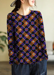 Elegant  Purple Square O-Neck Print Cotton Knitted Top Long Sleeve