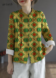 Women Yellow-floral2 Elegant Button Fall Top Long Sleeve Linen