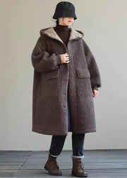 Women Coffee Hooded Button Faux Fur Winter Coat