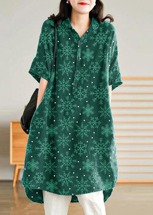 Jade dark green-snowflake Linen Women Casual Linen Shirt Dress
