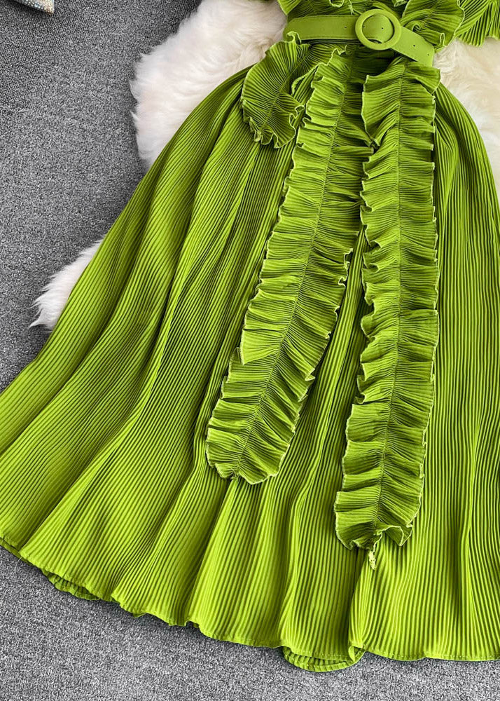 Grace Green Stand Collar Ruffled Maxi Dress Short Sleeve