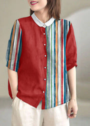 Beautiful Red stripes Peter Pan Collar Button Loose Fall Half Sleeve Shirt Tops