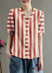 Loose Red stripes V Neck Embroidered Floral Summer Linen Shirt
