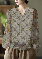 Handmade grey  V Neck Casual Floral Fall Blouse Long sleeve