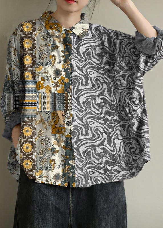 Art dark gray print tunic pattern lapel baggy fall top