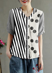 Loose Black strips V Neck Embroidered Floral Summer Linen Shirt