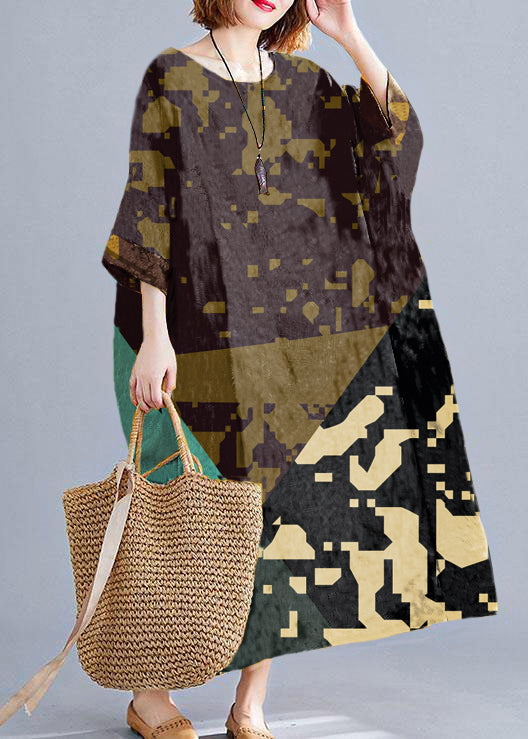 DIY Leinen-Baumwollkleid mit O-Halstaschen Tunika-Oberteile gelbe Druckkleider