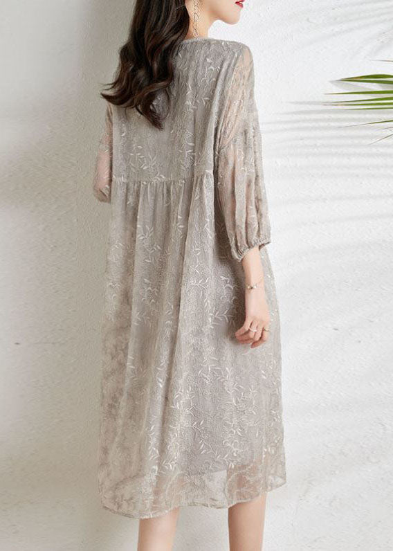 Fashion Light Grey Cinched Embroidered Chiffon Vacation Dresses Three Quarter sleeve