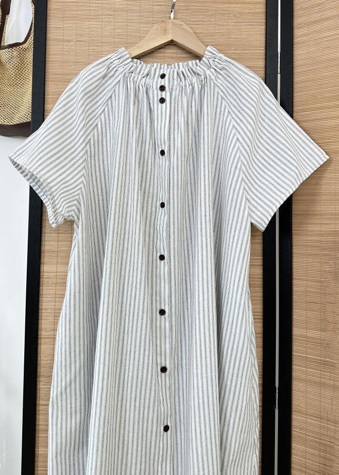 Grace Striped Ruffled Button Cotton Shirt Dress Summer