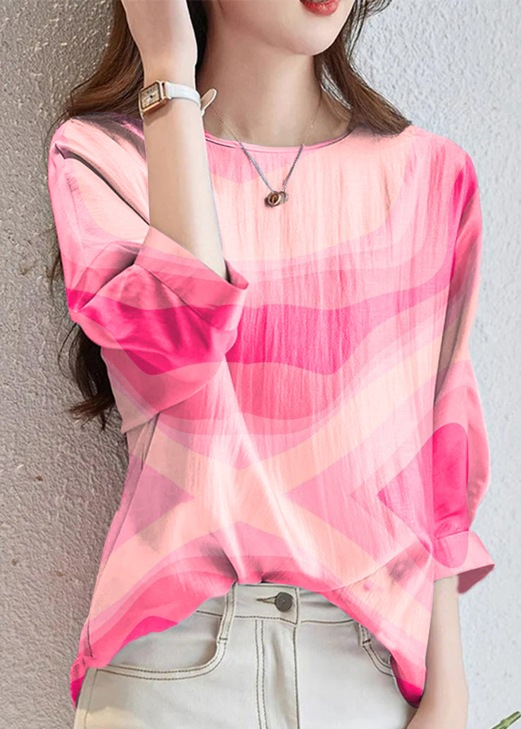 Natural Pink O Neck Print Chinese Button Linen Shirt Summer