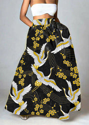 Bohemian Black-Crane High Waist Pockets Floral Print Cotton A Line Skirt Summer