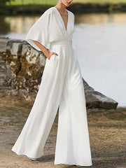 White flowers Elegant Deep V Neck Plain Half Sleeve High Waist Wide Leg Jumpsuit