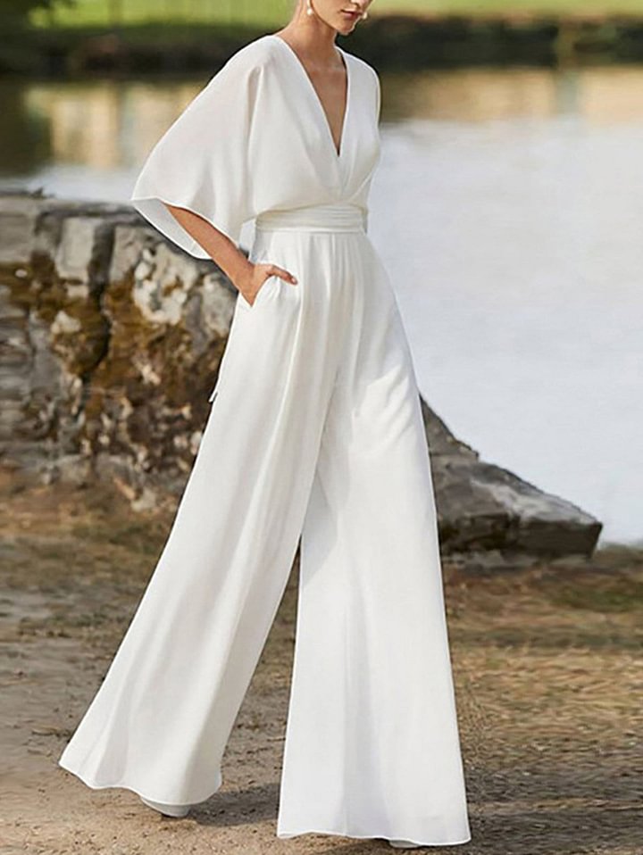 White flowers Elegant Deep V Neck Plain Half Sleeve High Waist Wide Leg Jumpsuit