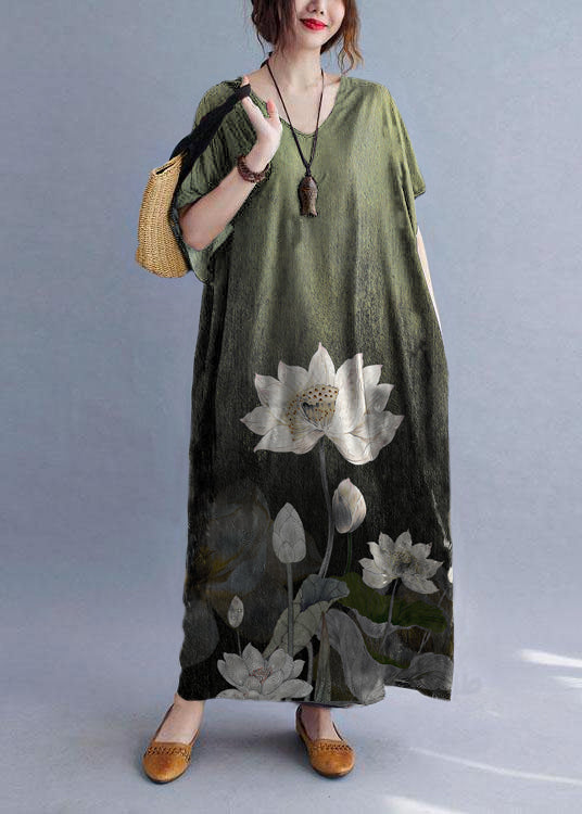 Italian Green flowers V Neck Pockets Print Summer Holiday Dress Short Sleeve