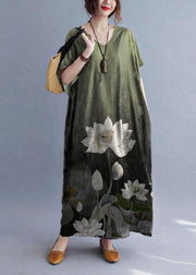 Italian Green lotus V Neck Pockets Print Summer Holiday Dress Short Sleeve