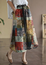Bohemian Khaki Elastic Waist Print Linen Skirts Summer