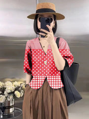 French Red polka dots V Neck Button Silk Shirt Short Sleeve