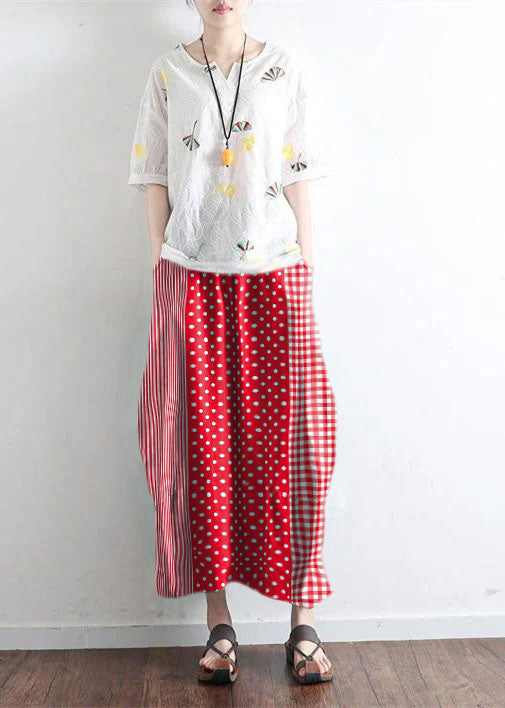 Red Geometry simple pockets linen skirts long maxi skirt