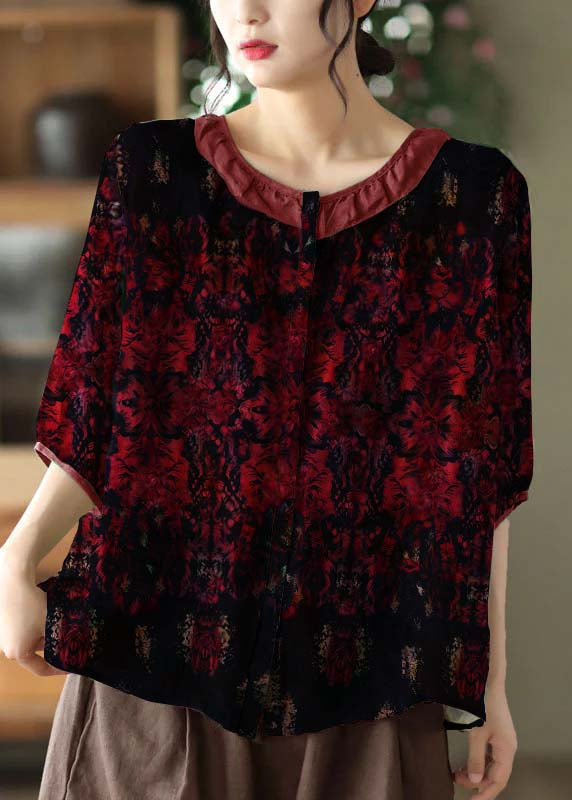 Simple Red O Neck Patchwork Print Linen Shirt Tops Half Sleeve
