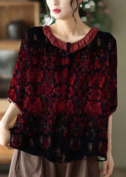 Simple Reddish black O Neck Patchwork Print Linen Shirt Tops Half Sleeve