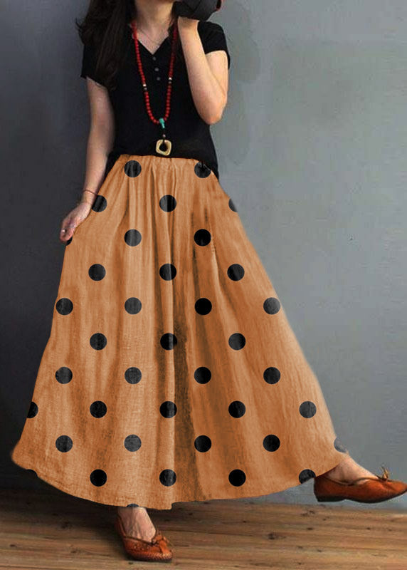 Women Orange polka dots Patchwork Elastic Waist Swing Skirt With Pocket