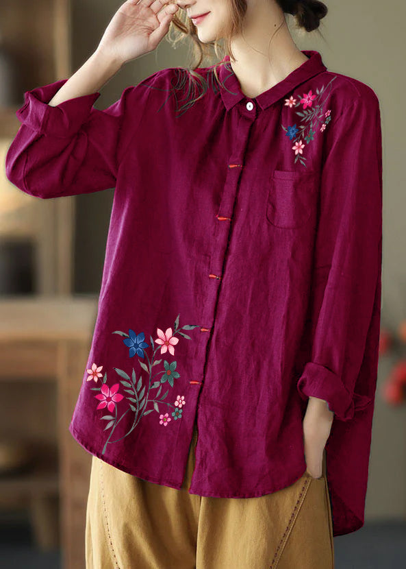 Black-flowers Patchwork Linen Shirt Peter Pan Collar Embroidered Spring