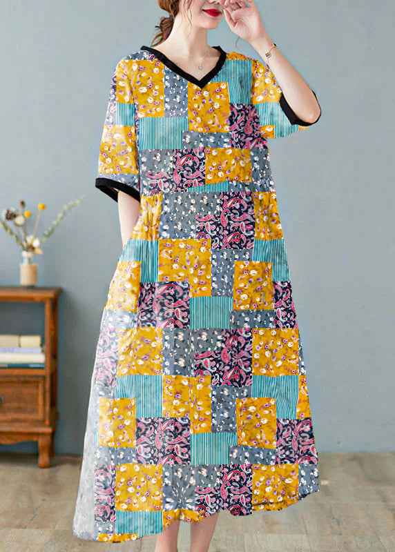 Boutique Yellow leopard print V Neck Print Linen Dresses Short Sleeve
