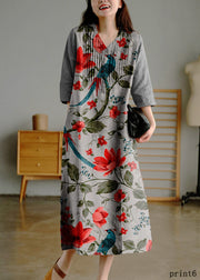 White Print8 Loose Linen Long Dresses Button Solid Half Sleeve