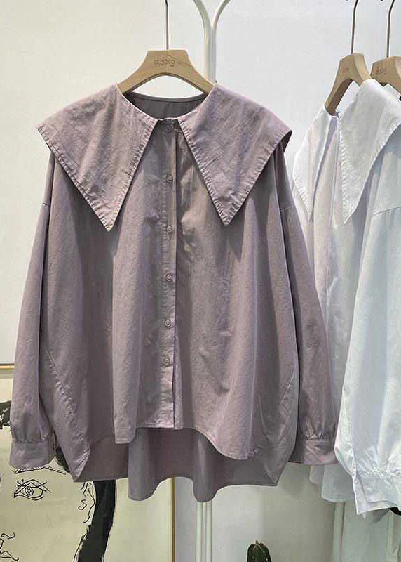 Grace Purple Pink Peter Pan Collar Button asymmetrical design Fall Long sleeve Top