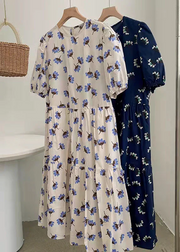 Grace blue prints cotton dress Cinched A Line summer Dresses