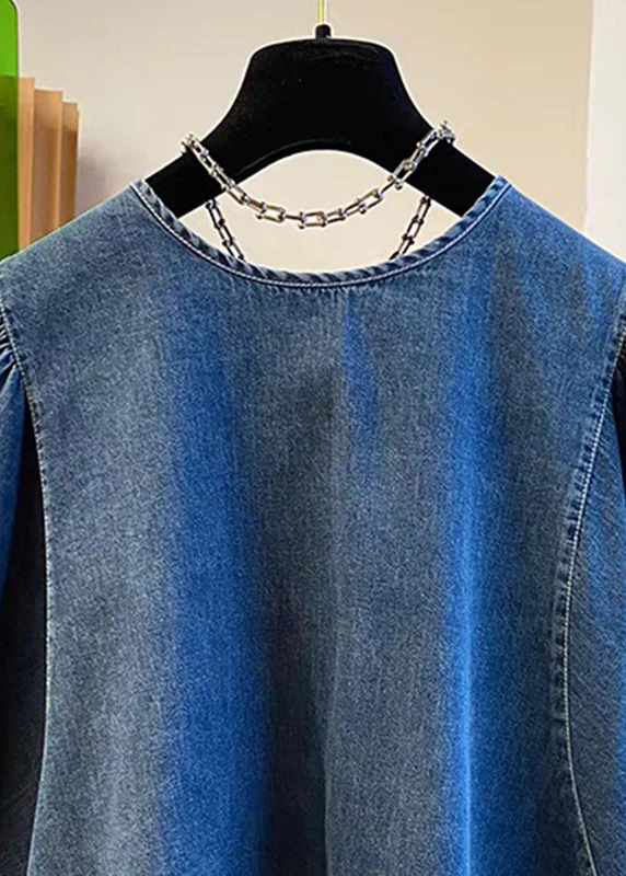 Grace Denim Blue Patchwork Tie Lace Tops Summer