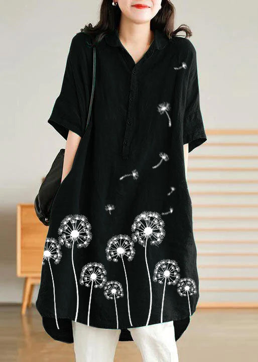 Jade Black flower Linen Women Casual Linen Shirt Dress