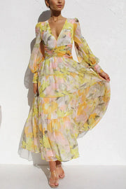 Yellow Olena Abstract Floral Balloon Sleeves Maxi Dress