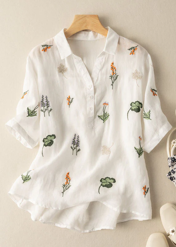 Grace White Peter Pan Collar Print Patchwork Linen Shirt Top Summer