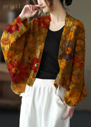 Fine Yellow-orange flower Bat wing Sleeve Pockets Coat Short