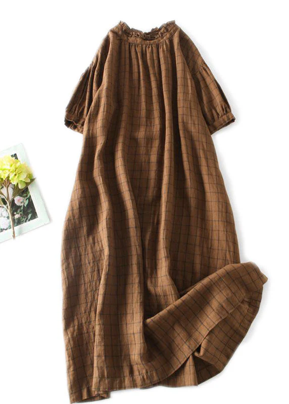 Coffee Plaid Patchwork Linen Dress Ruffled Button Grace