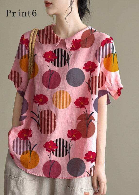 Simple Print2 Peter Pan Collar Patchwork Summer Linen Blouses