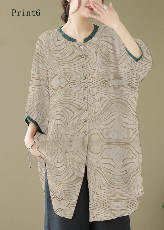 Print3 Linen Shirt Dresses O-Neck Oversized Lantern Sleeve