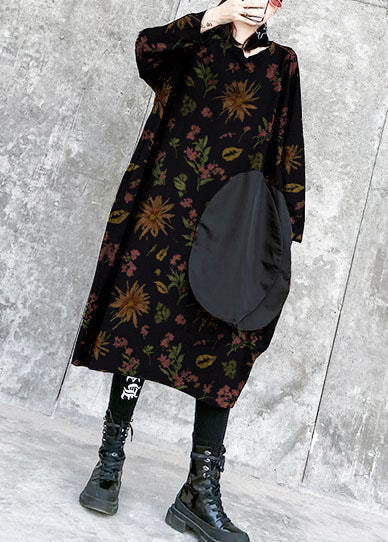 100% Black-flower linen cotton clothes For Women o neck pockets Art spring Dresses