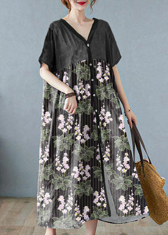Plus Size Black flower Retro Button Summer Print Half Sleeve Maxi Dress