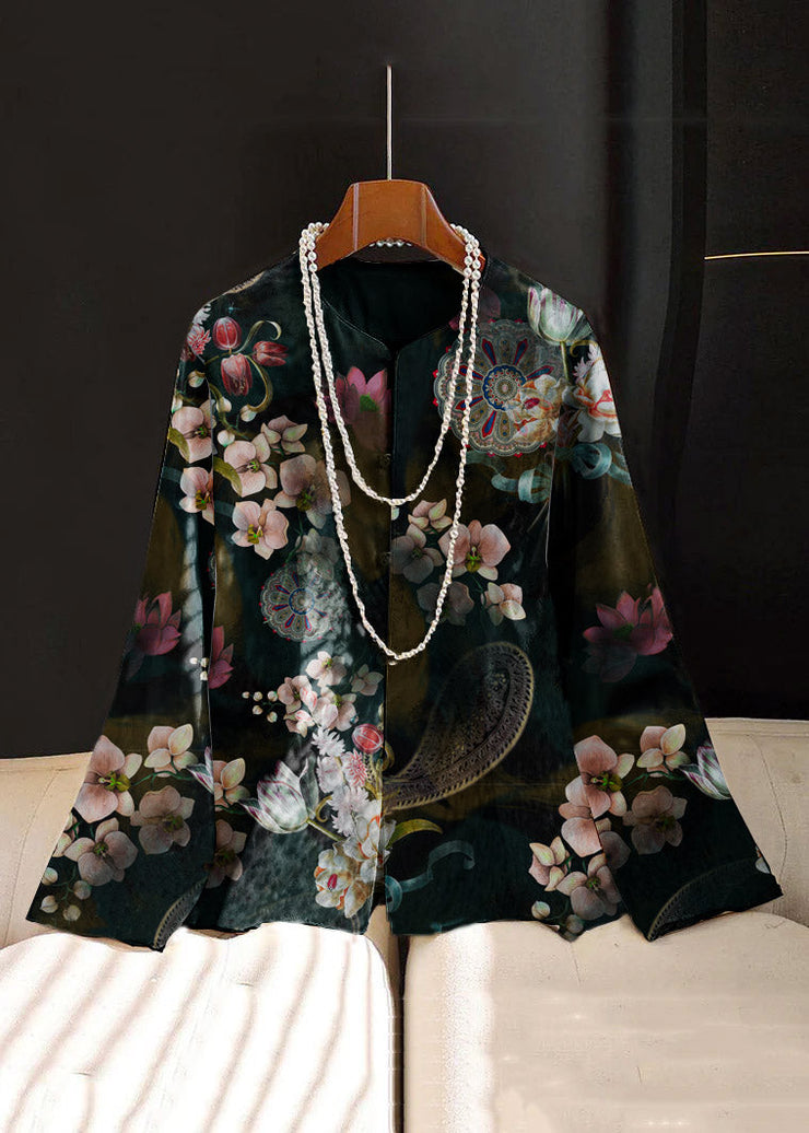Chinese Style Black texture Embroideried Button Silk Coat Long Sleeve