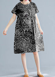 Classy Black flower linen Wardrobes o neck short sleeve shift summer Dress