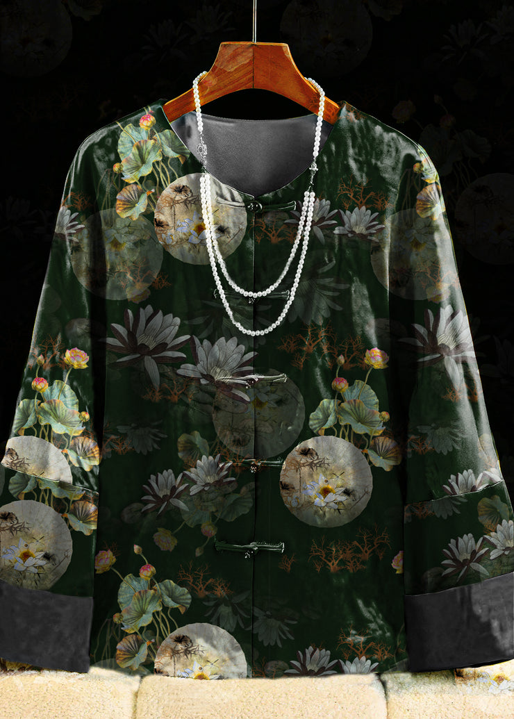 Chinese Style Green O-Neck Embroidered Silk Coats Fall