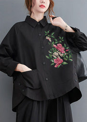 Black-floral Patchwork Cotton Shirt Top Oversized Pockets Fall