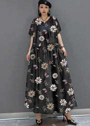 loose black-hem flower O-Neck Print Satin Maxi Dress Summer