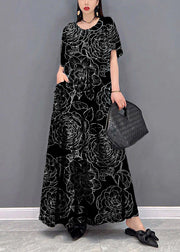 Beautiful Black flower O-Neck Print Pockets Long Dresses Short Sleeve