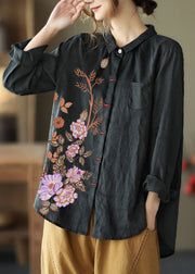 Black Patchwork Linen Shirt Peter Pan Collar Embroidered Spring