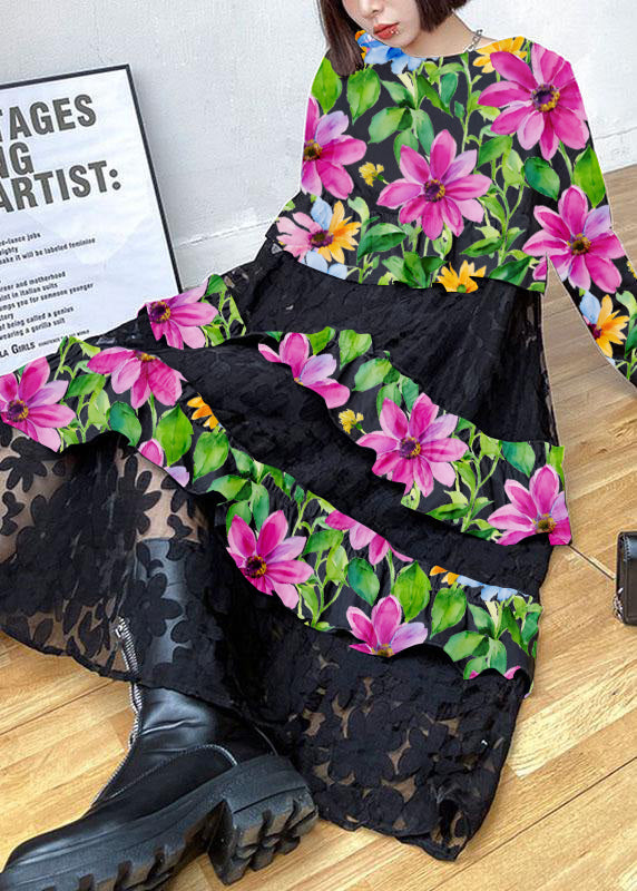 Bohemian Black-pink flower Ruffles  Fall Lace Dresses