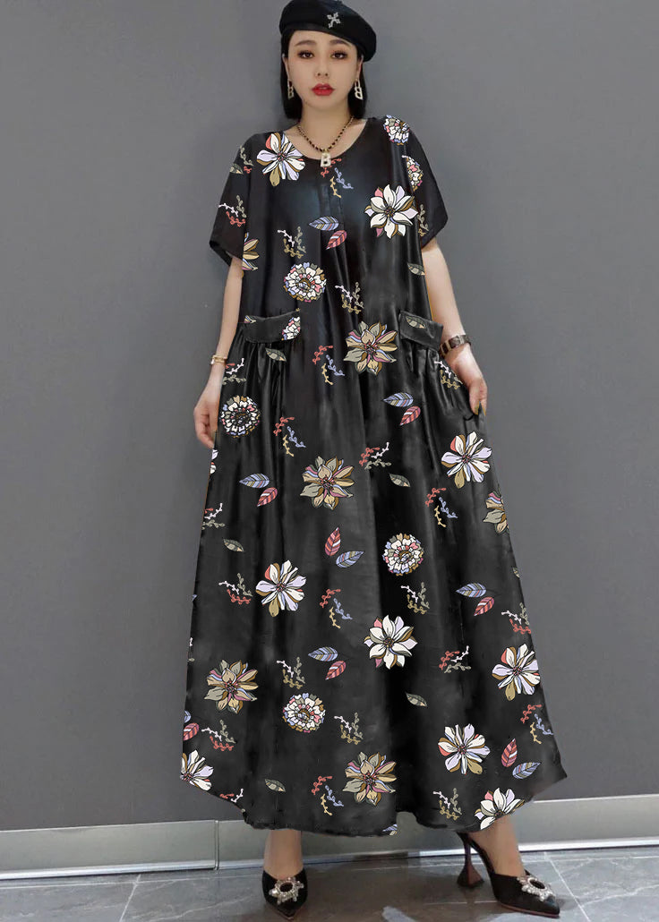 loose white -flower O-Neck Print Satin Maxi Dress Summer